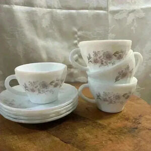 Vintage Set of 4 Floral Milk Glass Decopal Teacups Pink &  Purple Flower